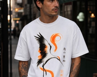 Japanese Crane T-Shirt, Crane Bird Shirt, Minimalist Bird Art Tee, Zen Bird Art Graphic Tee, Spiritual Crane Shirt, Asian Inspired Fashion