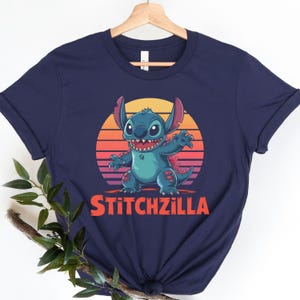 Stitchzilla Shirt, Funny Stitch Godzilla Mashup Tee, Parody Cartoon Tee, Retro Sunset Cartoon Parody Shirt, Cute Monster Shirt Gift For Fans