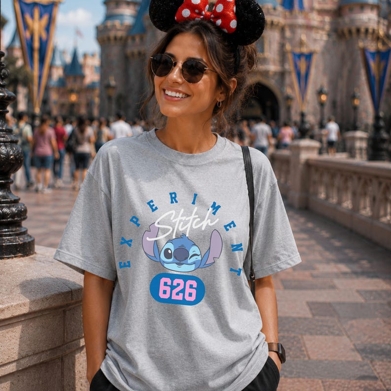 May include: A gray t-shirt featuring the character Stitch from Lilo & Stitch. The shirt has the words "Experiment" and "Stitch" printed on it, along with the number "626". The shirt is worn by a person wearing Minnie Mouse ears and sunglasses.