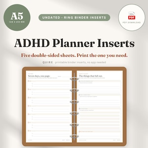 May include: A5 undated ring binder planner inserts featuring five double-sided sheets. The layout includes sections titled Seven days, one page and The things that fall out. The design is presented as a PDF download with a low ink edition included.