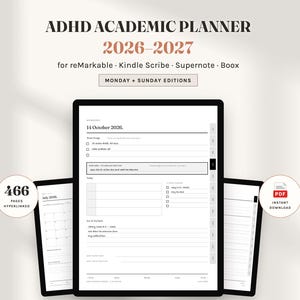 Planificador académico para TDAH 2026-2027 para reMarkable, tinta electrónica para estudiantes (descarga digital)