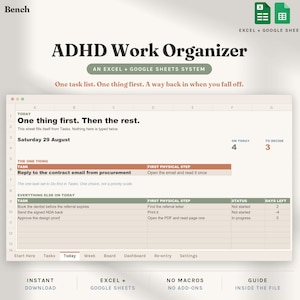 Könnte beinhalten: Eine digitale ADHD Work Organizer Vorlage für Excel und Google Sheets. Die Benutzeroberfläche zeigt ein Aufgabenverwaltungslayout mit Abschnitten für tägliche Aufgaben, erste physische Schritte, Status und verbleibende Tage mit Text wie One thing first.