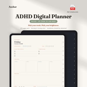 ADHD Digital Planner for Adults, iPad & GoodNotes, Mid-Year 2026-2027, Executive Function