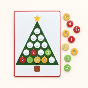 May include: A rectangular white board with a red border featuring a green Christmas tree illustration topped with a yellow star. The tree has white circular pegs and several numbered ornaments in red, green, and yellow colors.