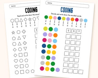 Könnte beinhalten: Zwei pädagogische Arbeitsblätter mit der Überschrift CODING und einem Namensfeld oben. Die Blätter enthalten einen Schlüssel, der geometrische Formen und farbige Kreise Buchstaben zuordnet, sowie Reihen zum Entschlüsseln von Wörtern wie CAT.