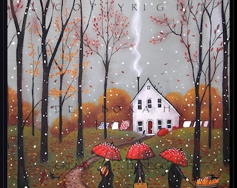 Pumpkins For Pie, a small Autumn Pumpkin Fall Leaves Red Umbrella PRINT by Deborah Gregg