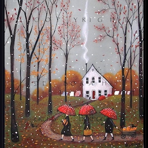 Pumpkins For Pie, a small Autumn Pumpkin Fall Leaves Red Umbrella PRINT by Deborah Gregg