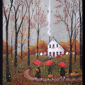 Autumn Cottagecore Wall Art PRINT, Pumpkins For Pie by Deborah Gregg, a small Fall Leaves, Red Umbrella, Original Folk Art Painting