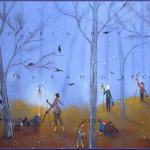 May include: A painting of a snowy forest scene with people collecting sap from maple trees. The trees are bare and the sky is a light blue. There are birds flying in the sky and the text "COPYRIGHT DEBORAH GREGG" is written across the top of the painting.