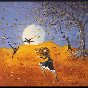 May include: A whimsical painting of a girl with long brown hair running through a field of yellow leaves. A crow flies overhead, and a tree with a face stands in the background. The words "COPYRIGHT" and "DEATH" are visible in the painting.