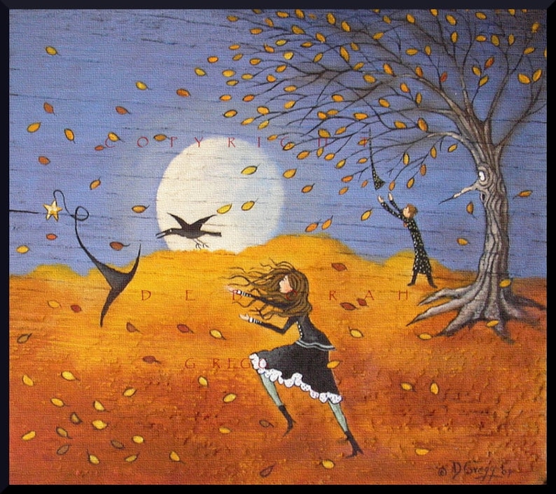 May include: A whimsical painting of a girl with long brown hair running through a field of yellow leaves. A crow flies overhead, and a tree with a face stands in the background. The words "COPYRIGHT" and "DEATH" are visible in the painting.