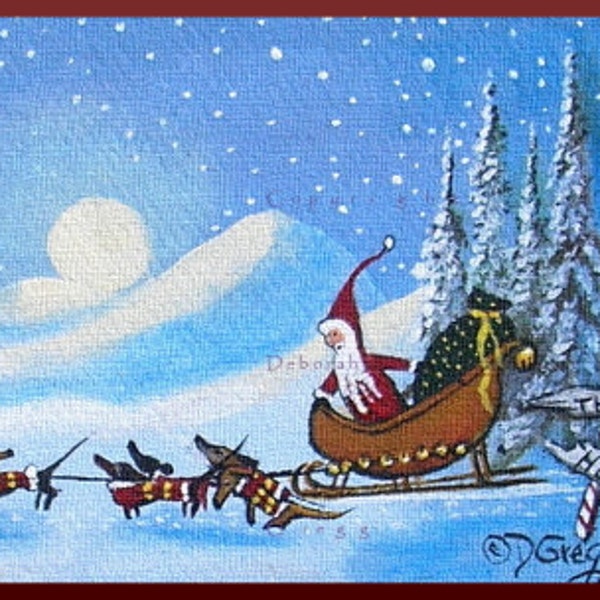 A Difference Of Opinion, a tiny Dachshund Santa's Sleigh Christmas Holiday Print by Deborah Gregg