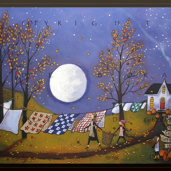 Quilts And Flannels For Chilly Nights, a Full Moon Autumn Laundry Line PRINT by Deborah Gregg