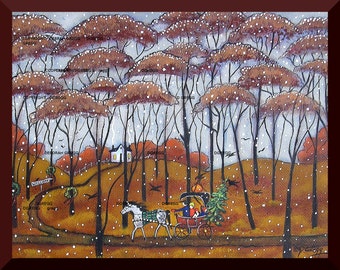 A Tree For Grandma, a small Country Christmas Snow Horse and Buggy PRINT by Deborah Gregg