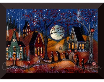 May include: A painting of a spooky Halloween scene with a full moon, a group of witches walking down a path, and houses with lit windows. The houses are painted in shades of green, red, and brown. The witches are wearing black robes and carrying lanterns. The scene is set against a dark blue sky with stars.