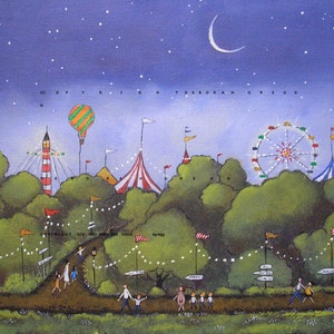 Summer Night At The Fair, a small Country Folk Art Ferris Wheel Hot Air Balloon County Fair PRINT from the original by Deborah Gregg