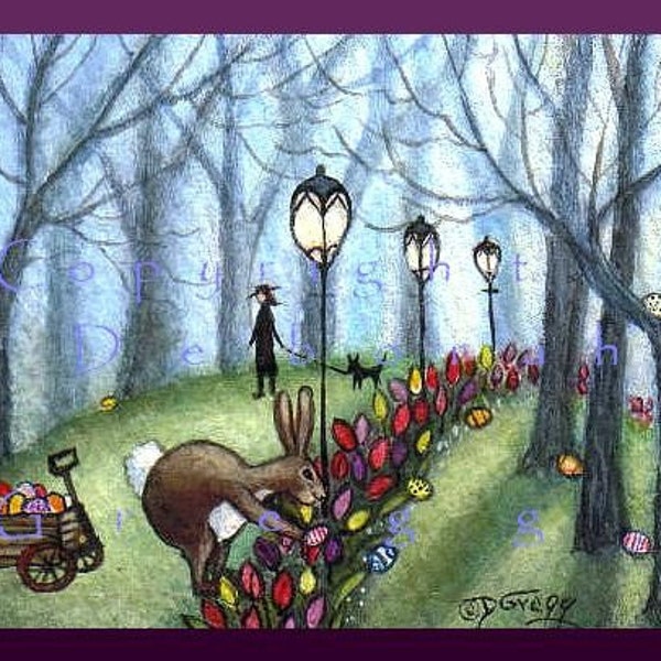 Easter Morning In the Park, A Tiny Rabbit Easter Egg PRINT ACEO Art Card size 2.5 x 3.5 inches By Deborah Gregg