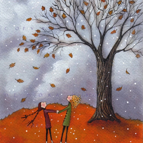 Sisters, a Fall Leaves Autumn Oak Tree Snow Small PRINT from the orignal by Deborah Gregg