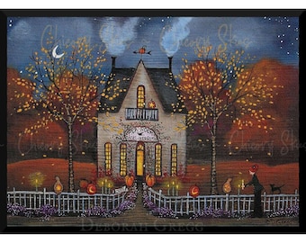 Impresión de Halloween, salón de té otoñal, acogedora casa de campo rústica estilo cottagecore, calabazas de truco o trato, arte de Deborah Gregg