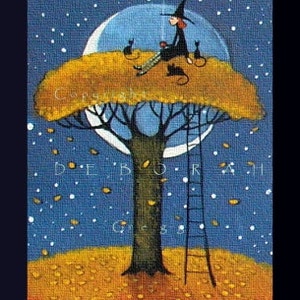 Me Time, een kleine Halloween Witch Black Cats Autumn Fall aceo PRINT door Deborah Gregg