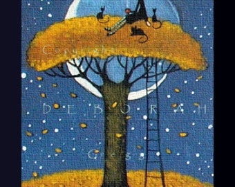 Me Time, a tiny Halloween Witch Black Cats Autumn Fall aceo PRINT by Deborah Gregg