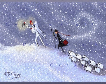 Help Is Just A Prayer Away, a tiny Angel Sheep Shepherdess Snow Storm PRINT by Deborah Gregg