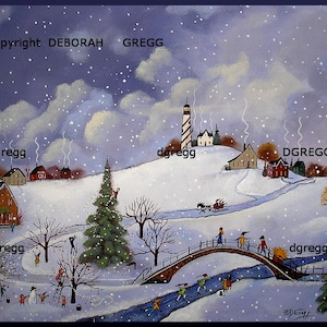 May include: A snowy winter scene with a small town, a bridge over a river, and people decorating a Christmas tree. The sky is blue with white clouds and snow falling. The text "Copyright DEBORAH GREGG" is in the upper left corner of the image.