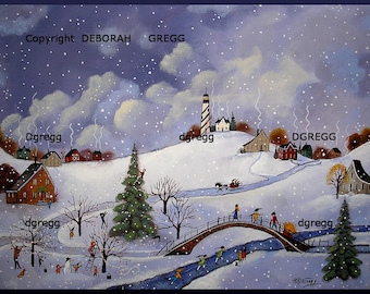 For All Creatures Both Great and Small, a small winter Bridge Lighthouse Country PRINT by Deborah Gregg