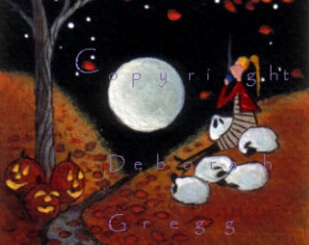 Fall Leaves By Moonlight, an aceo PRINT Halloween Autumn Sheep Shepherdess Cocoa Moon by Deborah Gregg