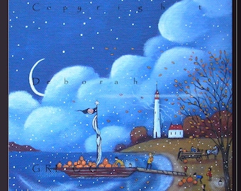 Pumpkins For Gull Island, a small Autumn Lighthouse Print by Deborah Gregg