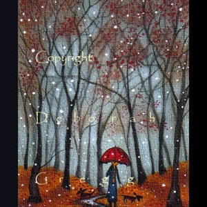 Under A Red Umbrella, a tiny aceo sized Autumn Fall leaves snow PRINT by Deborah Gregg