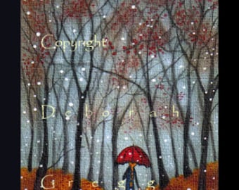 Under A Red Umbrella, a tiny aceo sized Autumn Fall leaves snow PRINT by Deborah Gregg