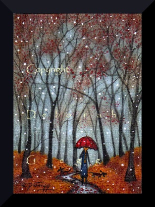 Under A Red Umbrella, a tiny aceo sized Autumn Fall leaves snow PRINT…