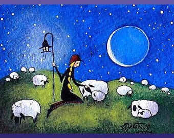 I Am Here For You, a Tiny Sheep Shepherdess Love PRINT Aceo size by Deborah Gregg