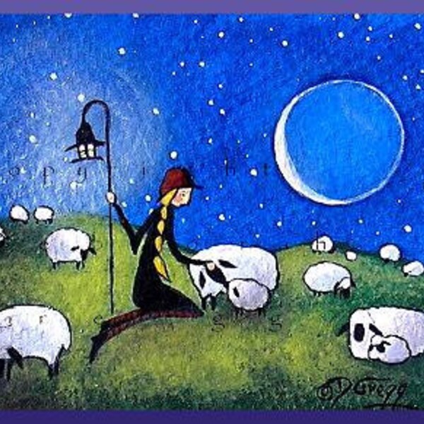 I Am Here For You, a Tiny Sheep Shepherdess Love PRINT Aceo size by Deborah Gregg