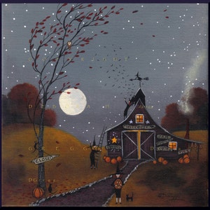 Time To Let The Bats Out, a Small Halloween Witch Bat Pumpkins PRINT by Deborah Gregg