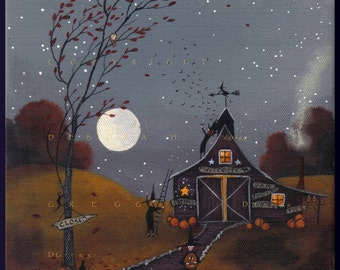 May include: A painting of a dark purple barn with a full moon and stars in the night sky. The barn has a sign that says "Welcome" and a witch on the roof. There are pumpkins and a ladder in front of the barn.