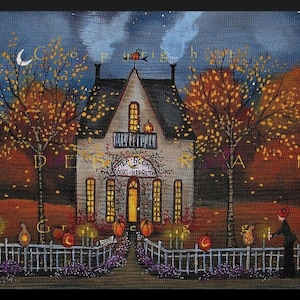 Halloween Night, Company&#39;s Coming!  A Halloween Autumn Tearoom Print by Deborah Gregg