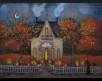 Halloween Night, Company&#39;s Coming!  A Halloween Autumn Tearoom Print by Deborah Gregg