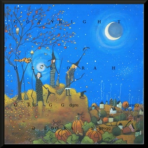 Halloween Flight Hours, a Witch October Night Moon Stars Pumpkins PRINT by Deborah Gregg