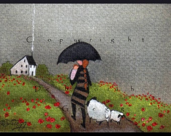 Babies in the Rain, a tiny Babies Sheep Summer Rain Saltbox Print by Deborah Gregg