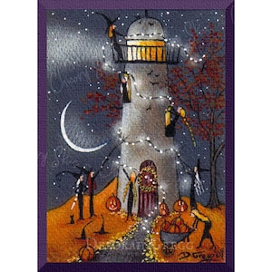 Definitely Needs Some Work, a tiny Lighthouse Witches Decorate For Halloween PRINT by Deborah Gregg