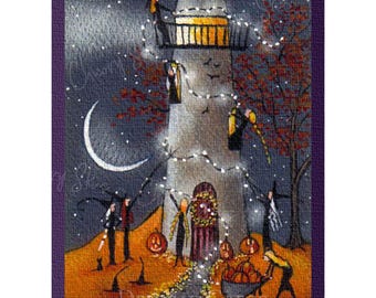 May include: A whimsical painting of a white lighthouse with a purple door and a crescent moon in the night sky.  Witches are hanging string lights around the lighthouse, and pumpkins are scattered on the ground.  The painting is titled "Deborah Fagg 2021".