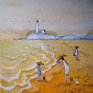 Beach Girls, a small summer ocean shell collecting PRINT by Deborah Gregg