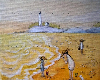 Beach Girls, a small summer ocean shell collecting PRINT by Deborah Gregg
