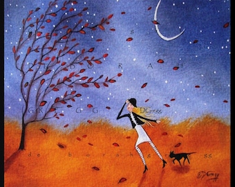 Against The Wind, a Small Autumn Winds Fall Leaves Black Cat Folk Art PRINT by Deborah Gregg