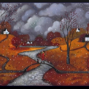 Winter Sends a Greeting, a First Snow Autumn Fall Leaves Print by Deborah Gregg