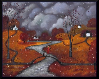 Cozy Country Scene, Autumn Fall PRINT, Rustic Farmhouse Cottage Core Wall Decor, Farm Life Artwork, Winter Sends a Greeting by Deborah Gregg