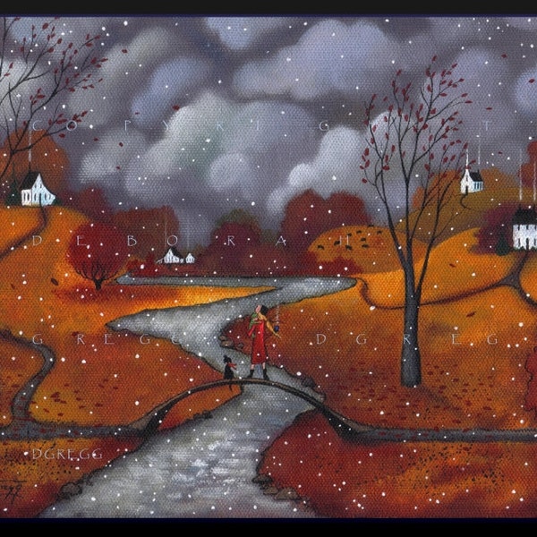 Winter Sends a Greeting, a First Snow Autumn Fall Leaves Print by Deborah Gregg