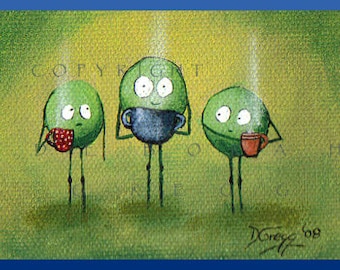 Spring Peas And Morning Coffee, a tiny aceo friends PRINT by Deborah Gregg